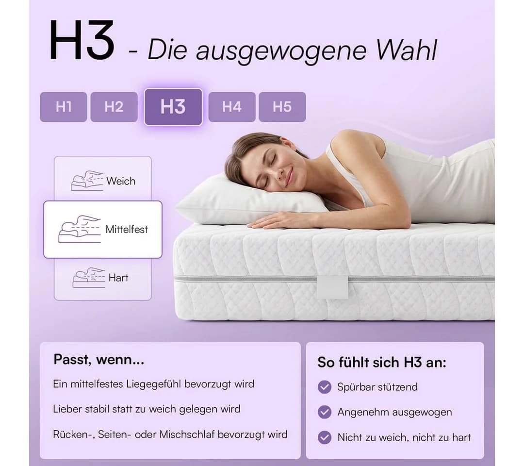 Bellamio Taschenfederkernmatratze Lift 7 Zonen H3 Weiß - Bild 4