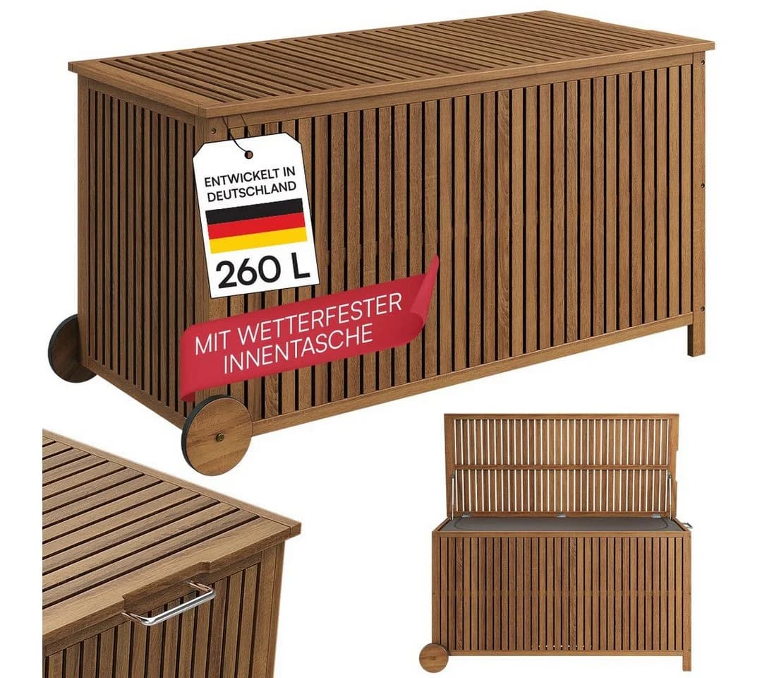 STEELSØN Auflagenbox Alkes Gartenbox aus Akazienholz mit klappbarem Deckel