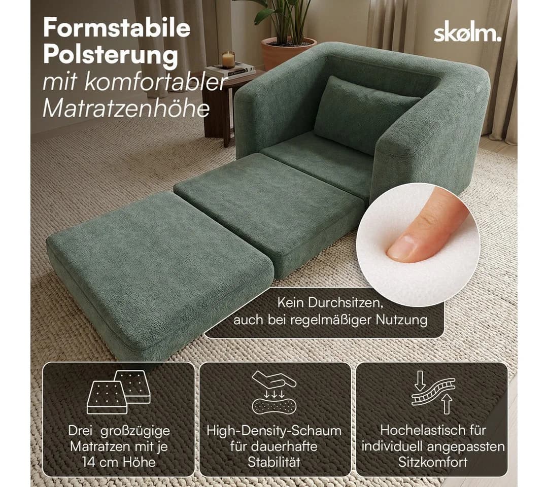 skølm Schlafsessel Fjäll mit Kissen dunkelgrün Teddy-Bouclé