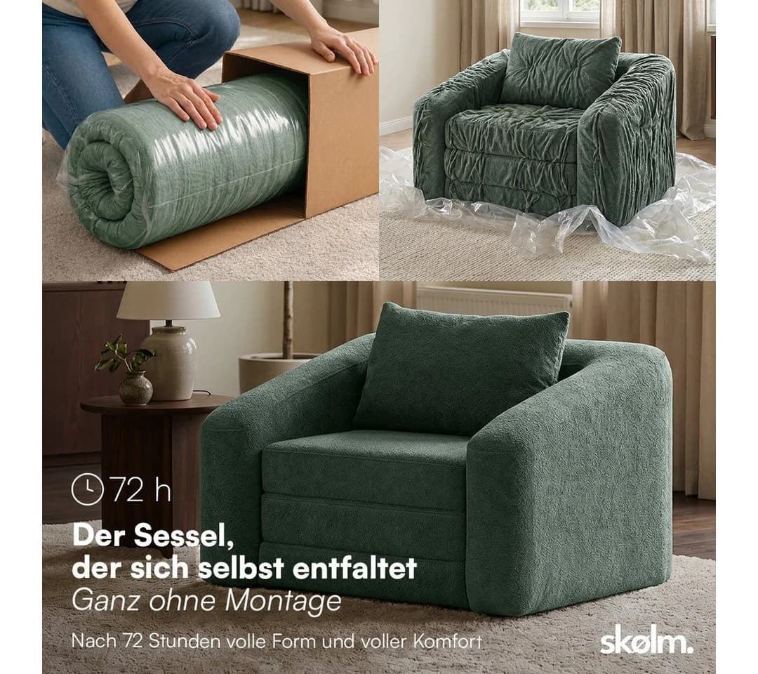 skølm Schlafsessel Fjäll mit Kissen dunkelgrün Teddy-Bouclé - Bild 3