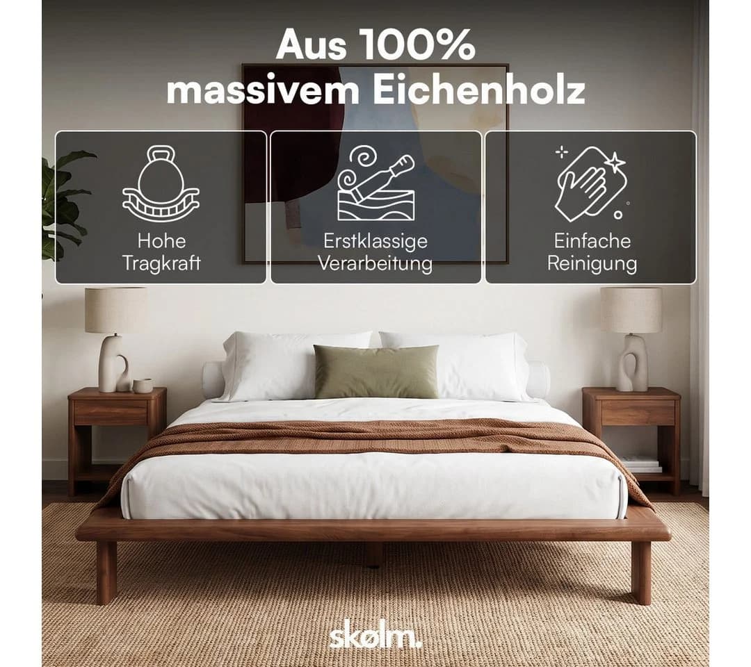 skølm Futonbett Skald Eiche massiv Walnussoptik mit Lattenrost