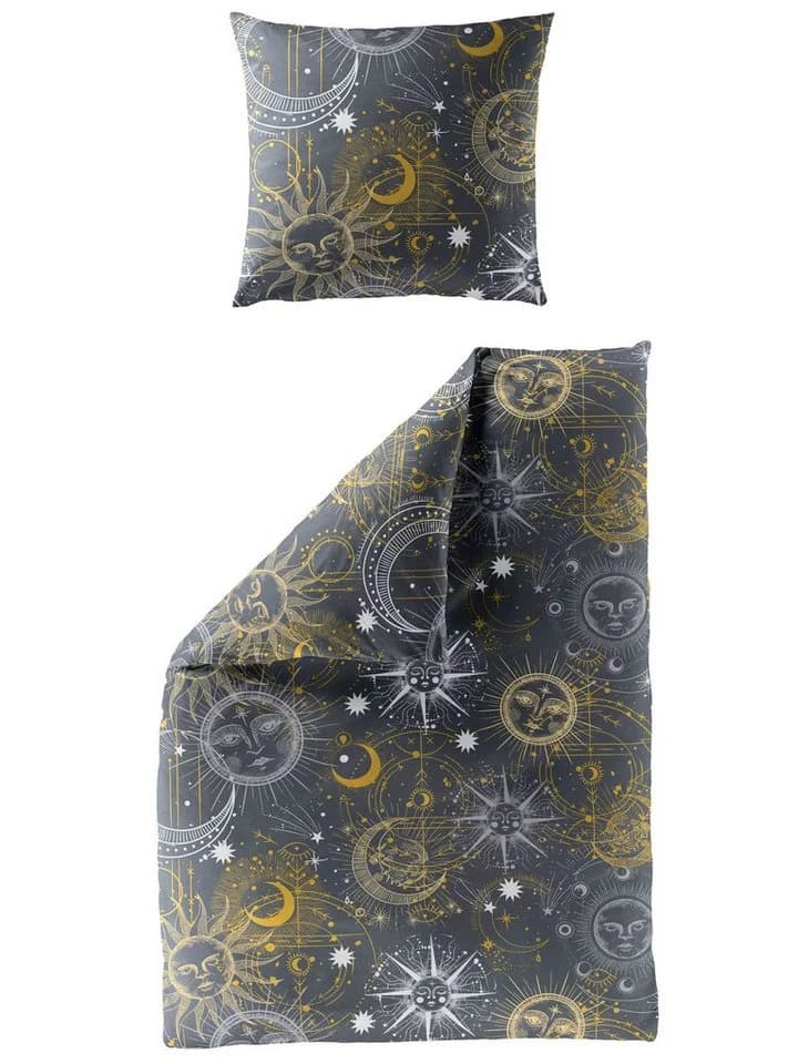 JACK Bettwäsche 135x200cm Sonne Mond Sterne Anthrazit Biber 2-teilig - Bild 2