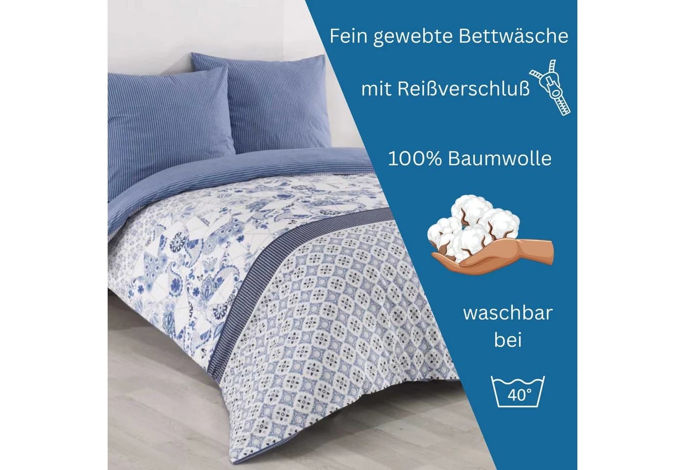 Leonado Vicenti Wendebettwäsche 100% Baumwolle Blau-Weiß Patchwork - Bild 3
