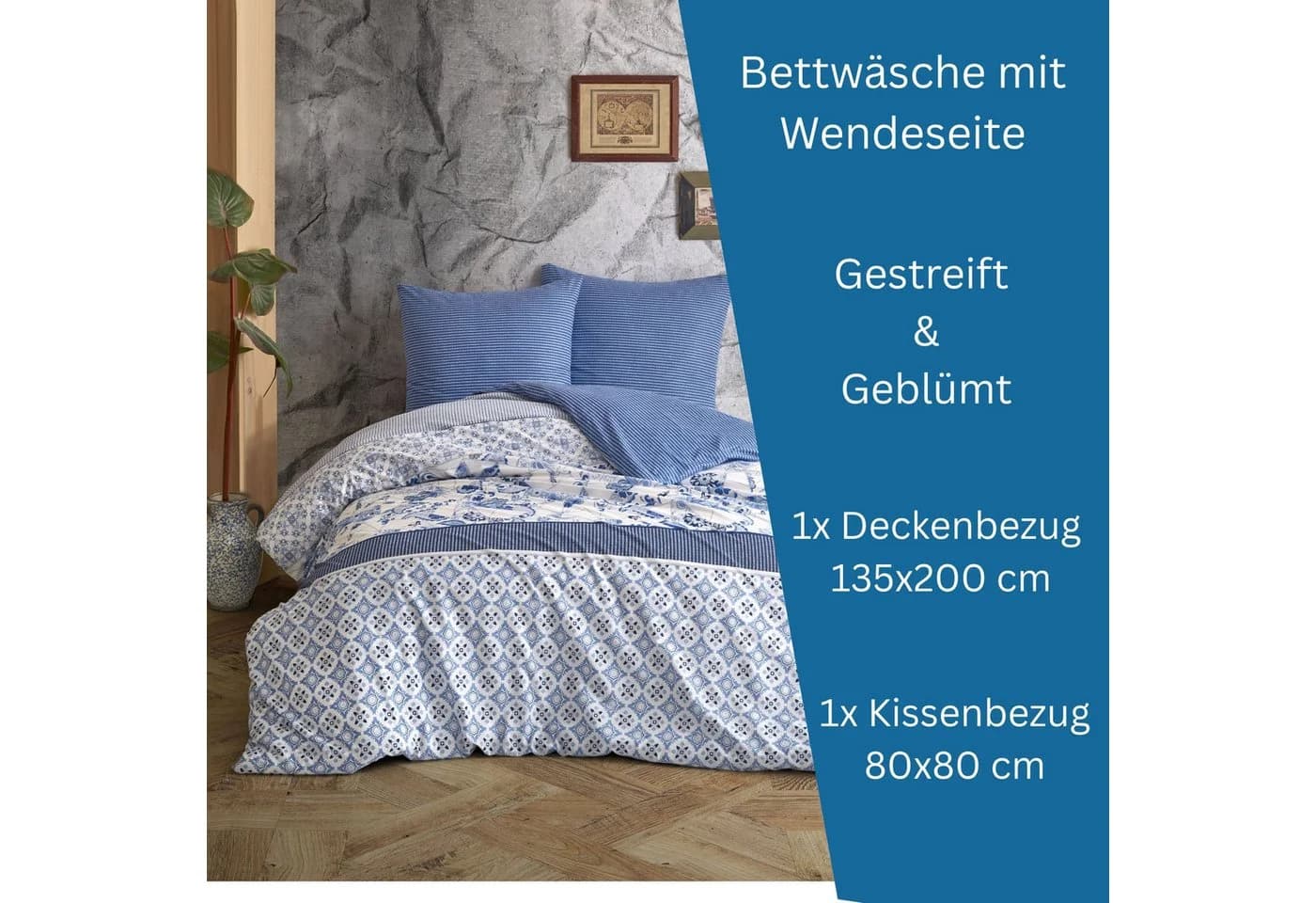 Leonado Vicenti Wendebettwäsche 100% Baumwolle Blau-Weiß Patchwork - Bild 4