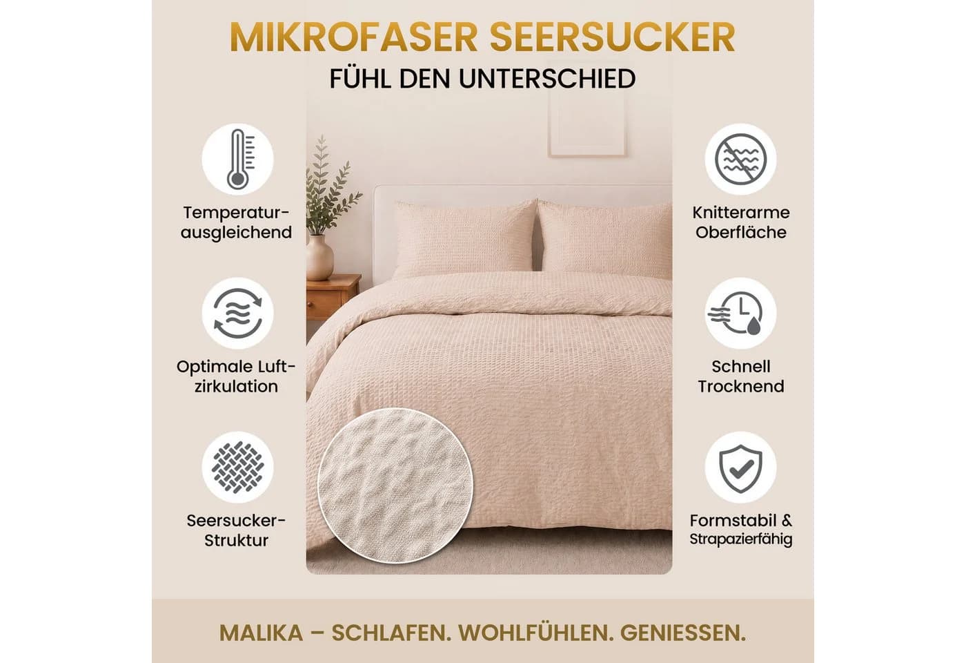 Malika Mikrofaser Bettwäsche Set Beige Seersucker 2-teilig - Bild 3