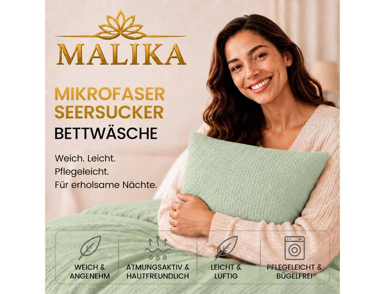 Malika Bettwäsche 3-teilig Mikrofaser Seersucker Salbei