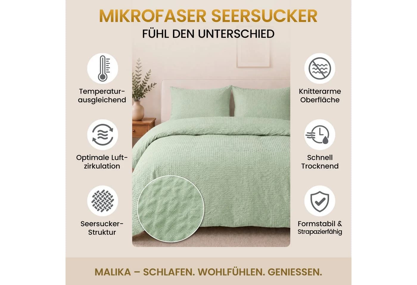 Malika Bettwäsche 3-teilig Mikrofaser Seersucker Salbei - Bild 3