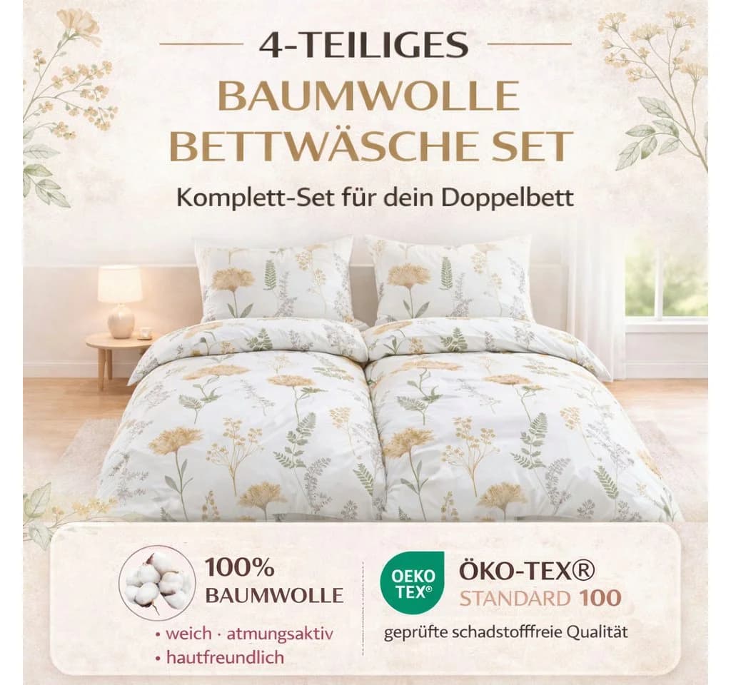 Kuscheli Bettwäsche 4-teilig Baumwolle Floral Natural Garden