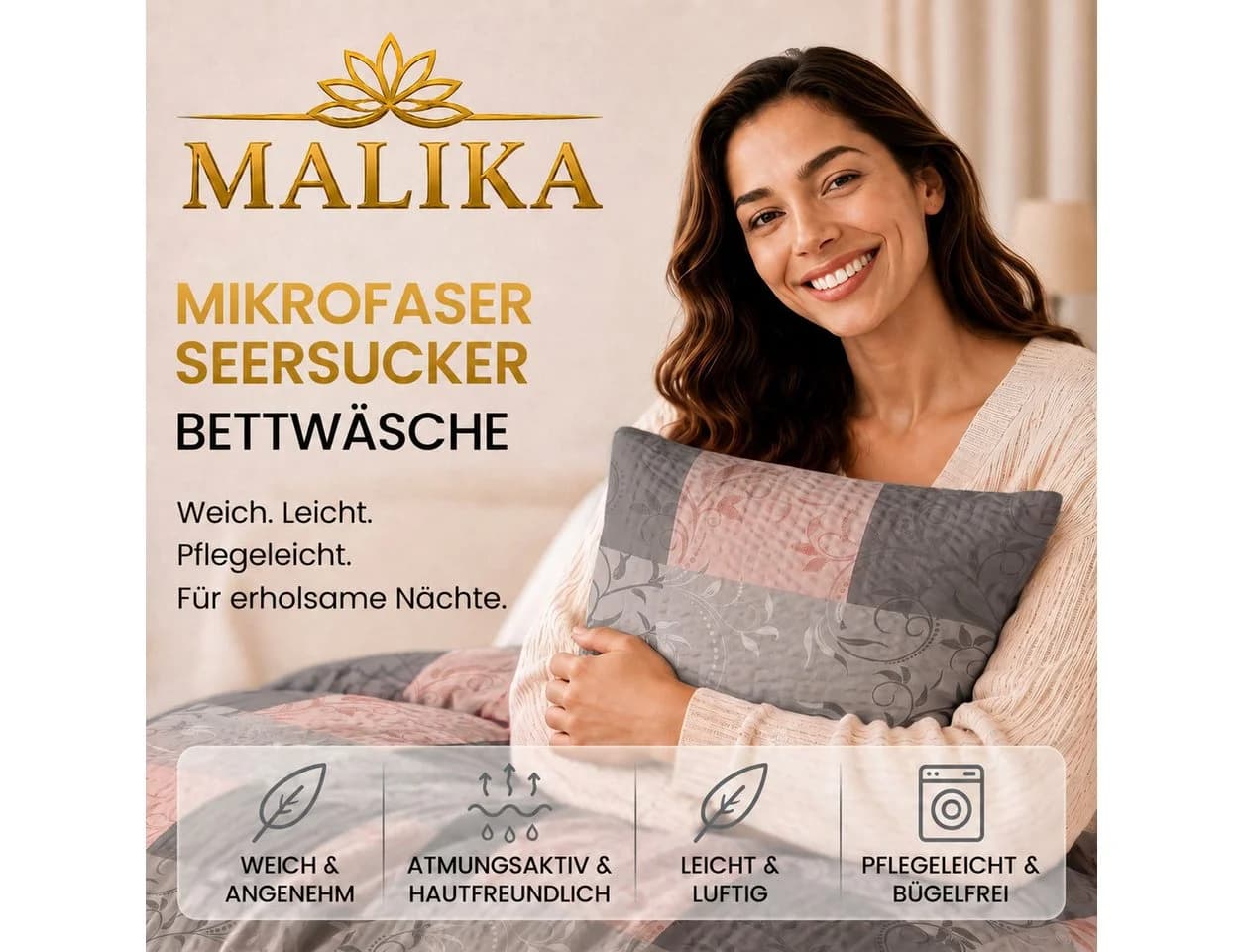 Malika Bettwäsche 200x200 + 2x 80x80 cm Rosa Ranke-Rose Mikrofaser - Bild 4