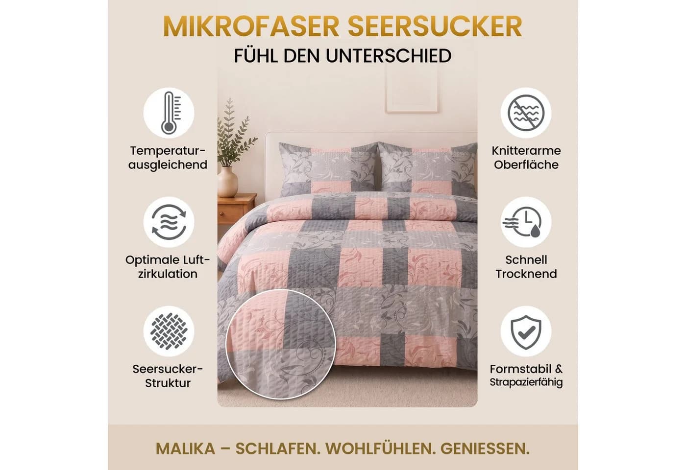 Malika Bettwäsche 200x200 + 2x 80x80 cm Rosa Ranke-Rose Mikrofaser - Bild 5