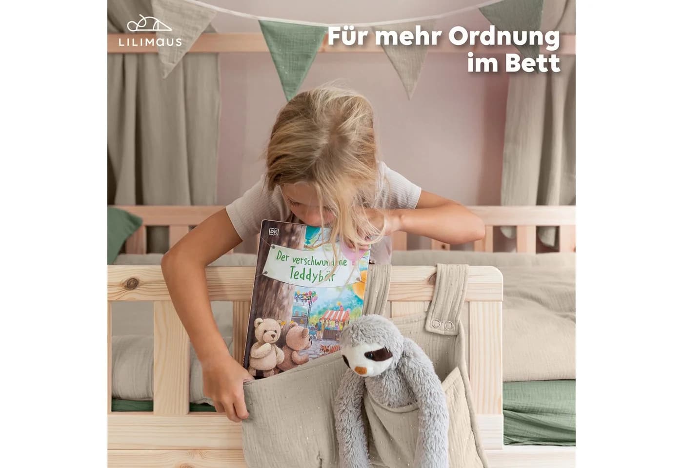 lilimaus Betttasche Kinderbett Aufbewahrung Beige Musselin