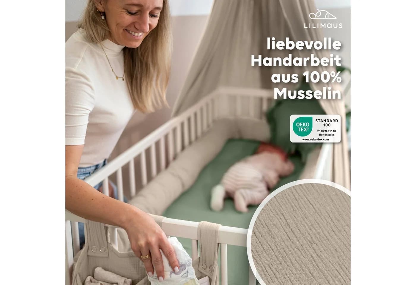 lilimaus Betttasche Kinderbett Aufbewahrung Beige Musselin - Bild 3