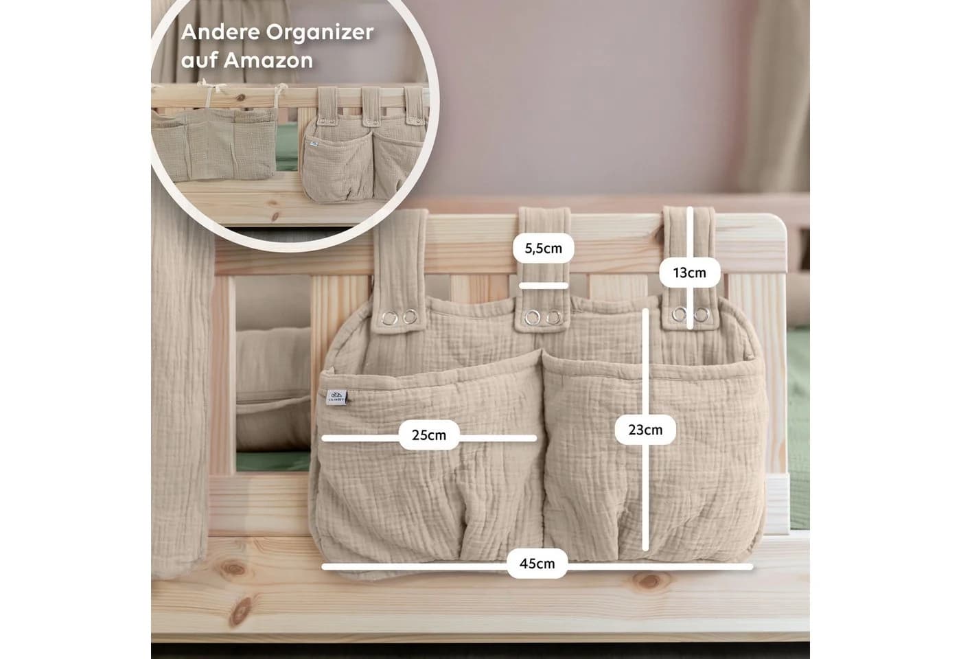 lilimaus Betttasche Kinderbett Aufbewahrung Beige Musselin - Bild 4