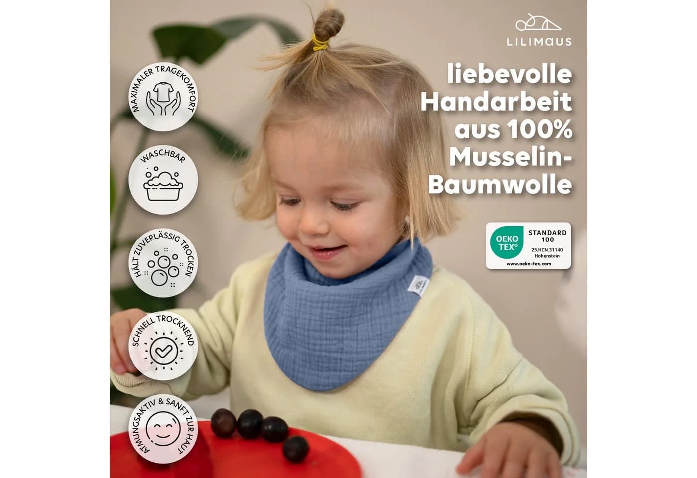 lilimaus Spucktuch Musselin Dreieckstuch Baby Beige/Blau/Grün