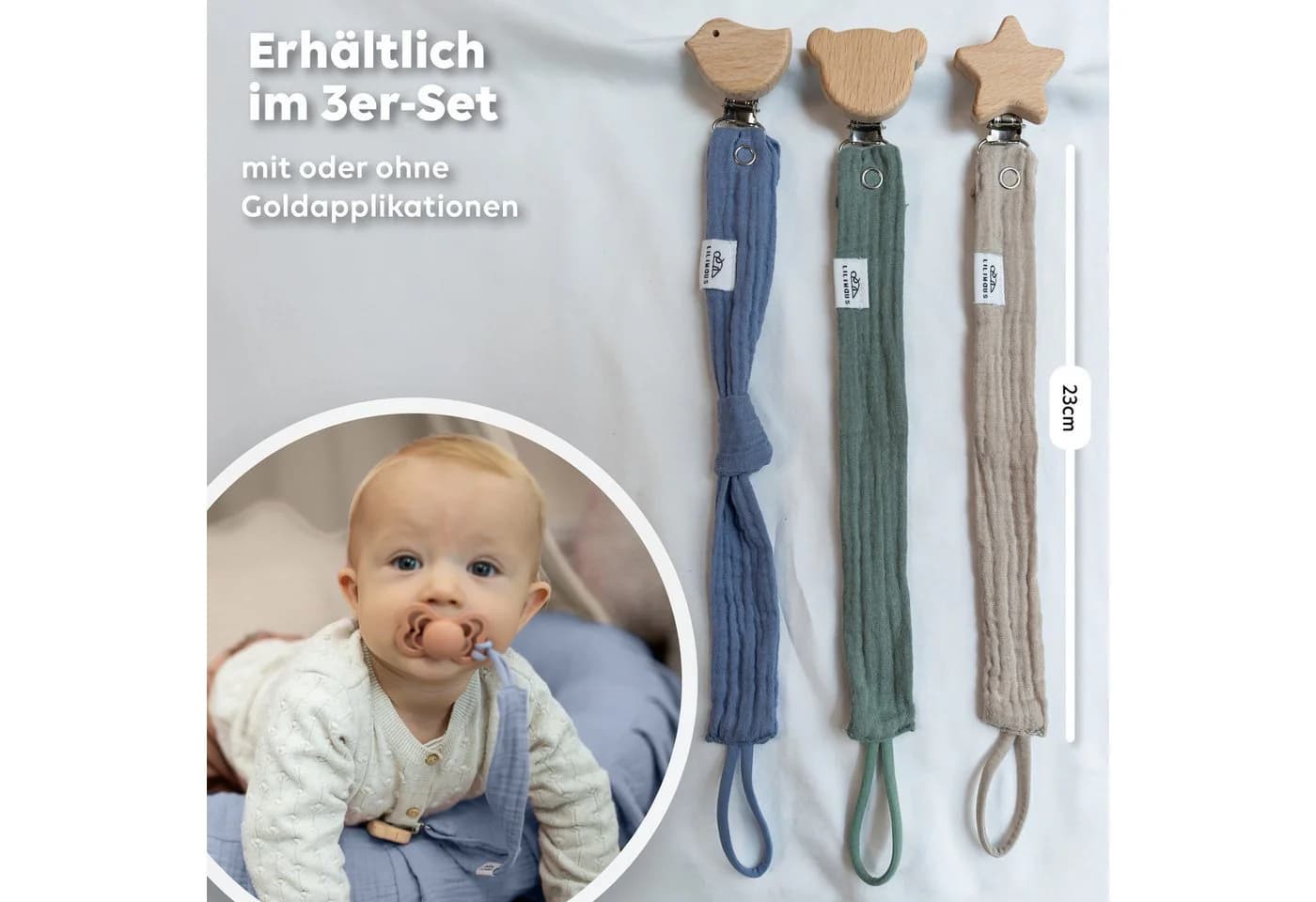 lilimaus Schnullerkette aus Musselin & Holz - 3-tlg. mit Holzclip