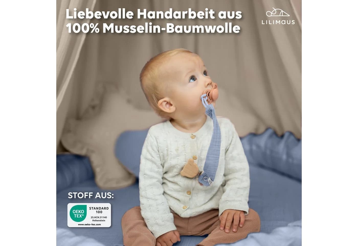 lilimaus Schnullerkette aus Musselin & Holz - 3-tlg. mit Holzclip - Bild 3