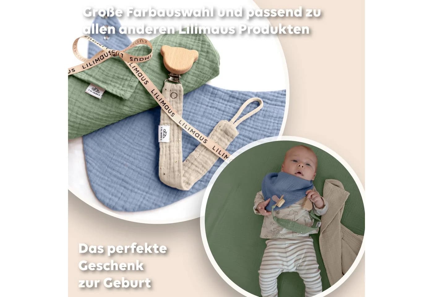 lilimaus Schnullerkette aus Musselin & Holz - 3-tlg. mit Holzclip - Bild 4