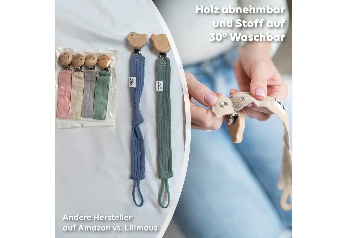lilimaus Schnullerkette aus Musselin & Holz - 3-tlg. mit Holzclip - Bild 5