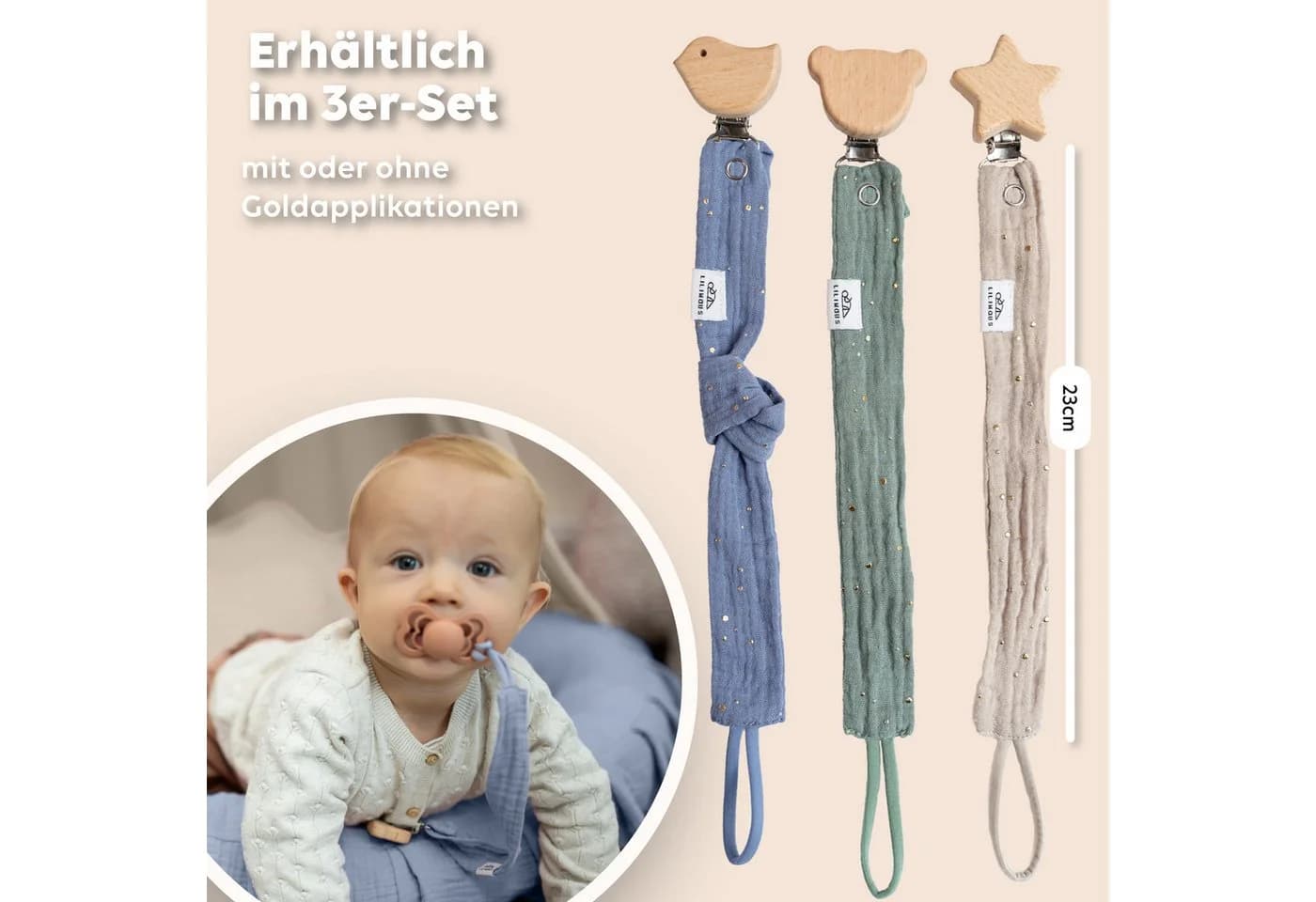 lilimaus Schnullerkette Musselin & Holz 3-tlg. Beige/Blau/Bunt/Grün