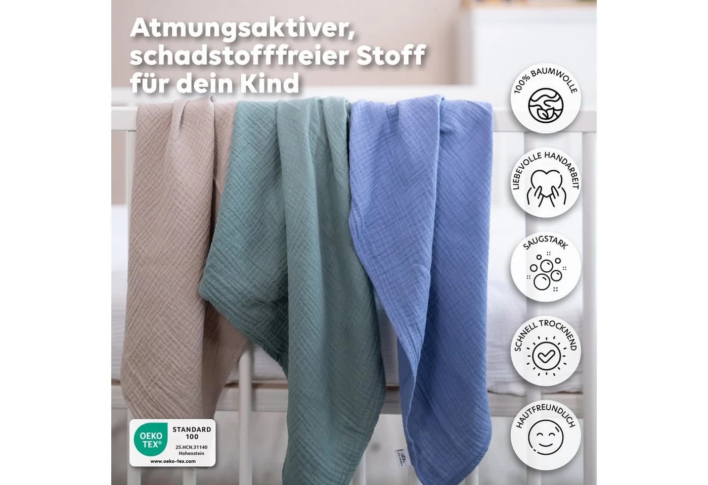 lilimaus Spucktuch Baby 3-tlg. aus 100% Baumwolle Beige/Blau/Grün - Bild 3