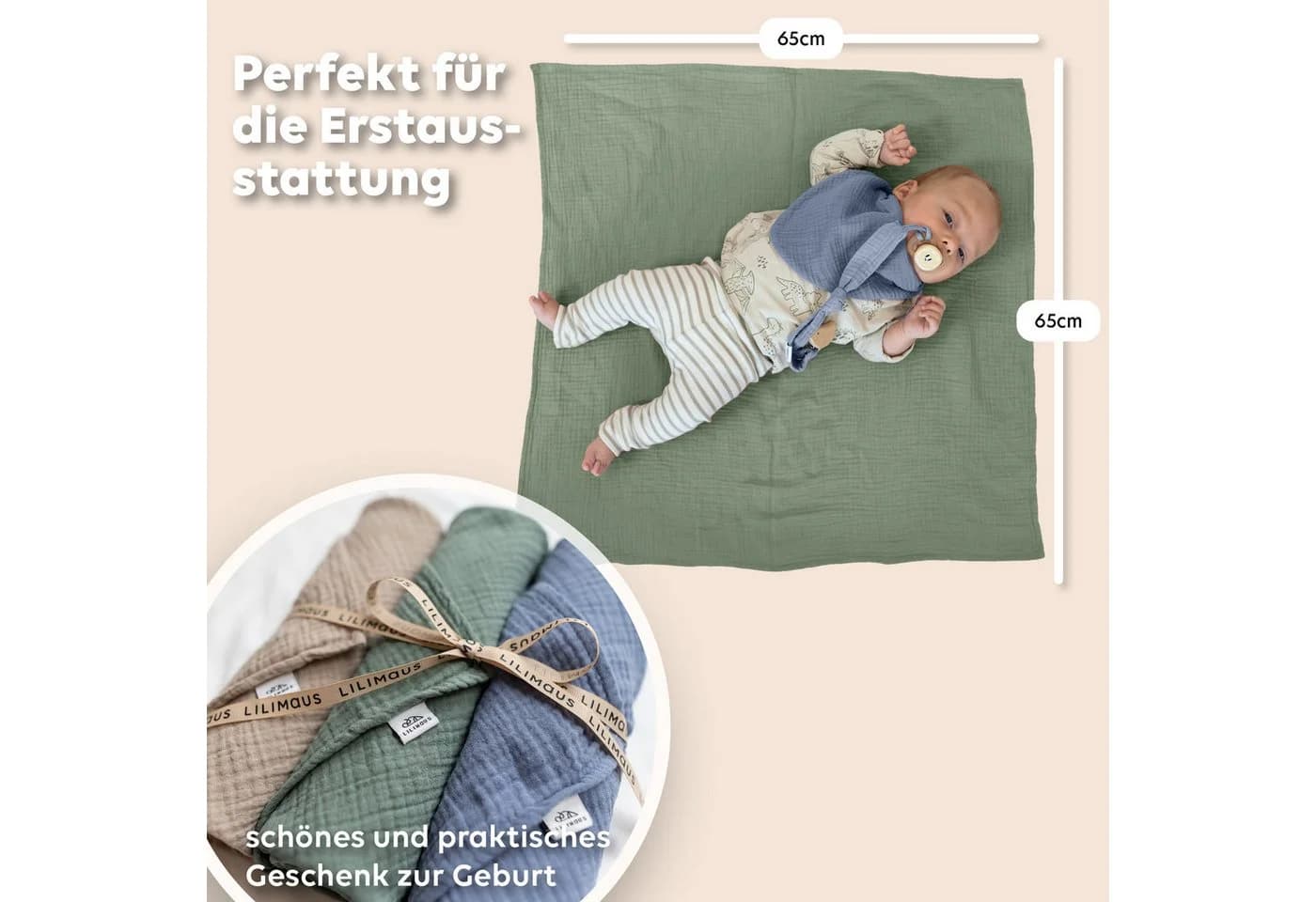 lilimaus Spucktuch Baby 3-tlg. aus 100% Baumwolle Beige/Blau/Grün - Bild 5