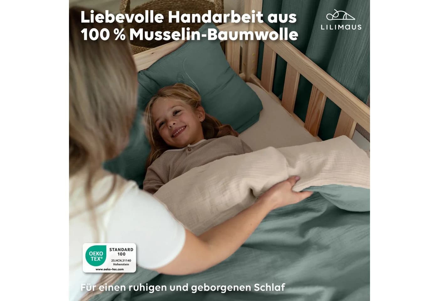 lilimaus Kinderbettwäsche Musselin Hellbeige/Grün/Bunt