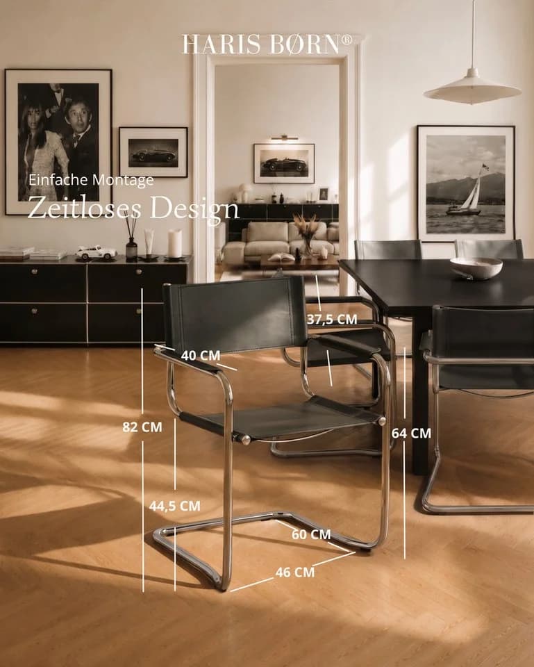 Haris Børn Freischwinger LUX 4er Set Schwarz Echtleder