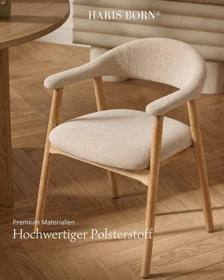Haris Børn Esszimmerstuhl mit Armlehne Massiv Eiche Beige Set 8 St - Bild 4