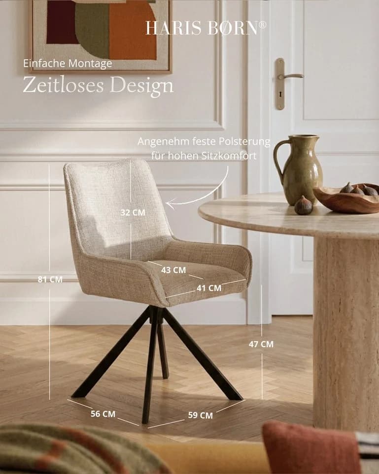 Haris Børn Esszimmerstuhl 6er Set Beige Schwarz Drehbar
