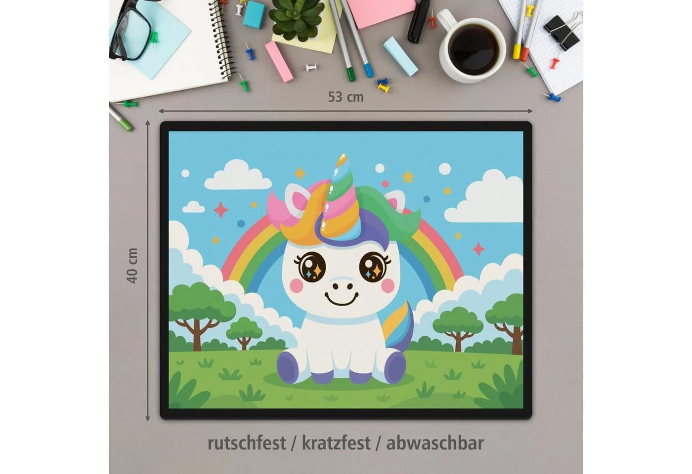 itenga Schreibtischunterlage & Papierkorb Set KAWAII EINHORN Motiv