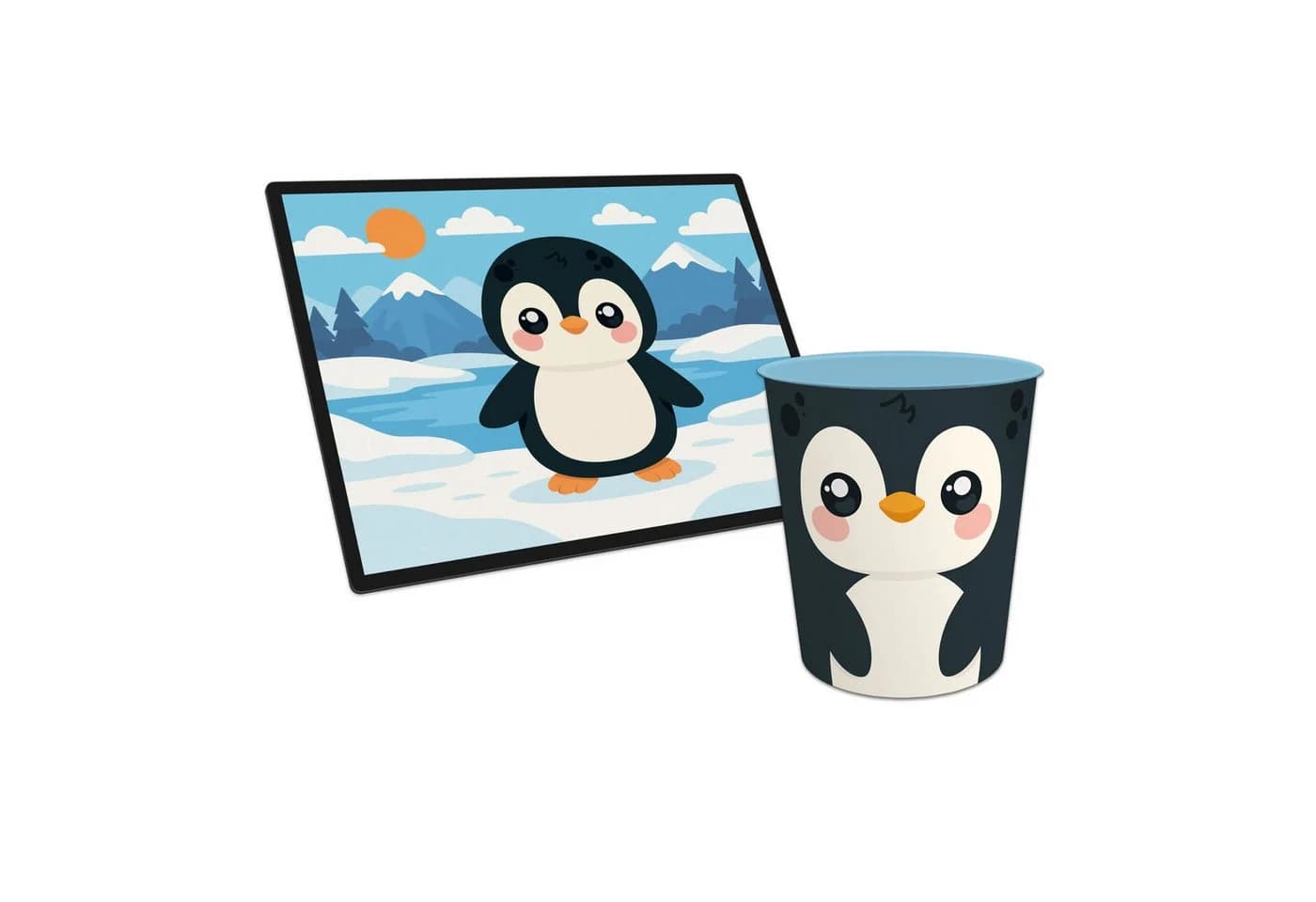 itenga Schreibtischunterlage & Papierkorb Set KAWAII Pinguin Motiv - Bild 2