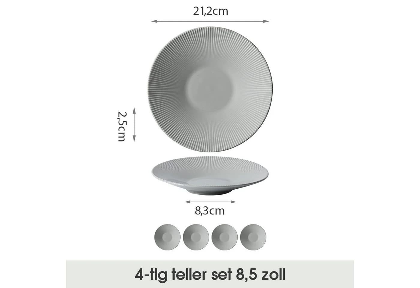 JIWOO Keramik-Tellerset 4-teilig Grau Ø21,2cm