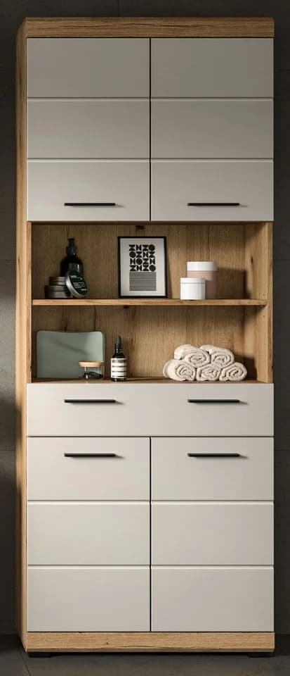 Inn.Furn Hochschrank Shawn Badschrank Eiche Dekor Sand/Kaschmir 4-türig