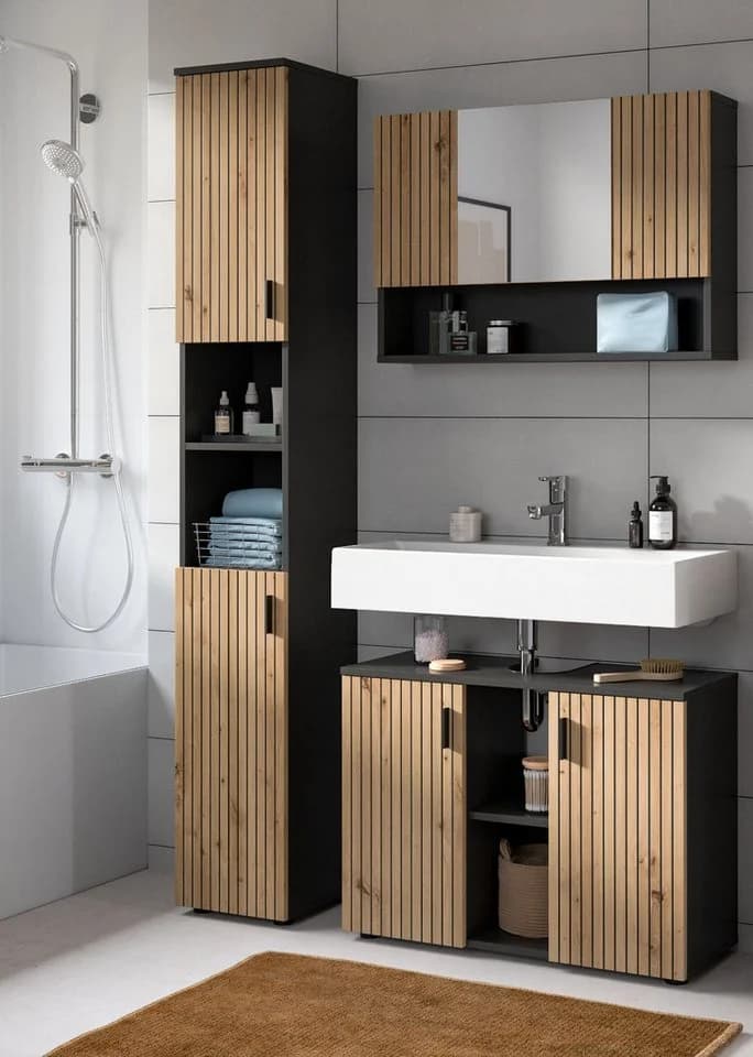 Inn.Furn Hochschrank Livia Badschrank Eiche Grau 2-türig - Bild 4