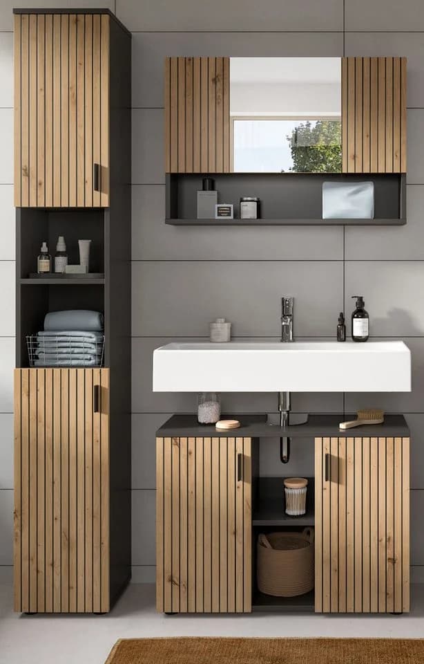 Inn.Furn Badmöbel-Set Livia 3-teilig Eiche Artisan Basaltgrau