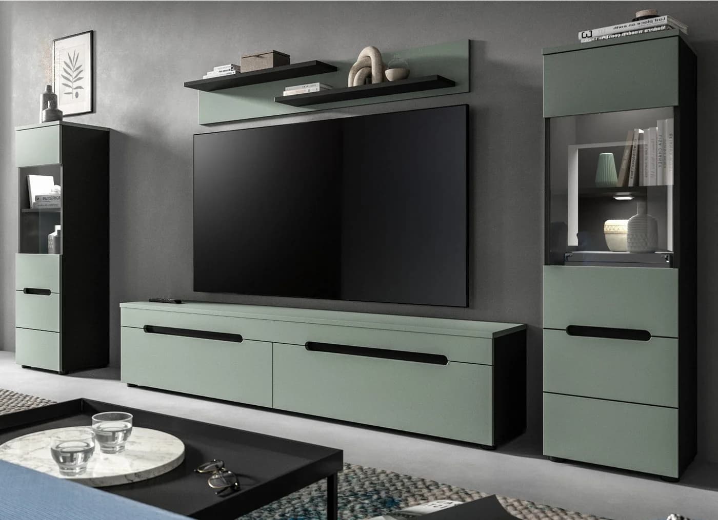 Inn.Furn Wohnwand Cooper 4-teilig Salbei Grün Basalt Grau