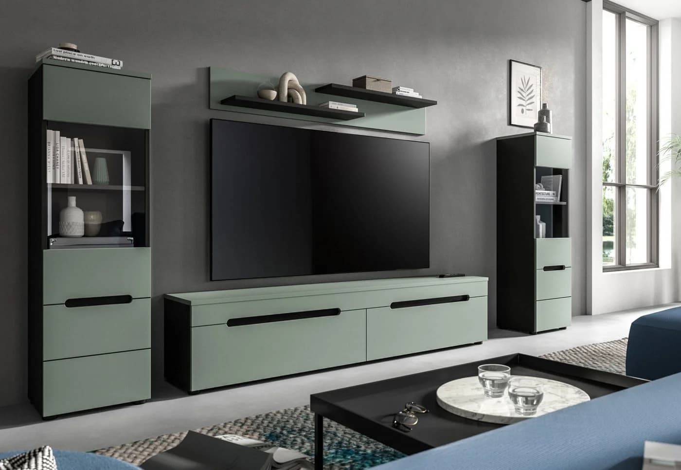 Inn.Furn Wohnwand Cooper 4-teilig Salbei Grün Basalt Grau - Bild 3