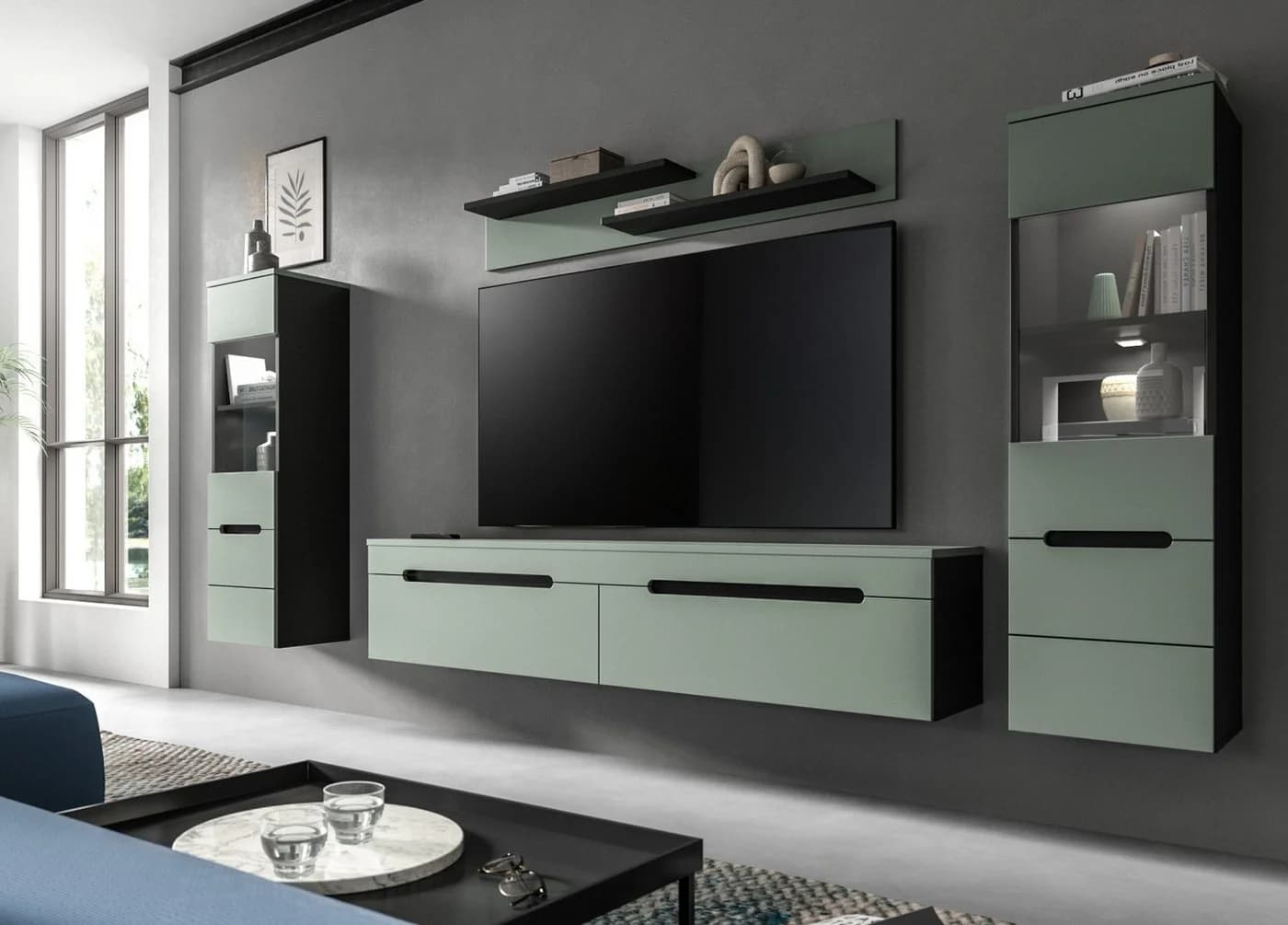 Inn.Furn Wohnwand Cooper 4-teilig Salbei Grün Basalt Grau - Bild 4