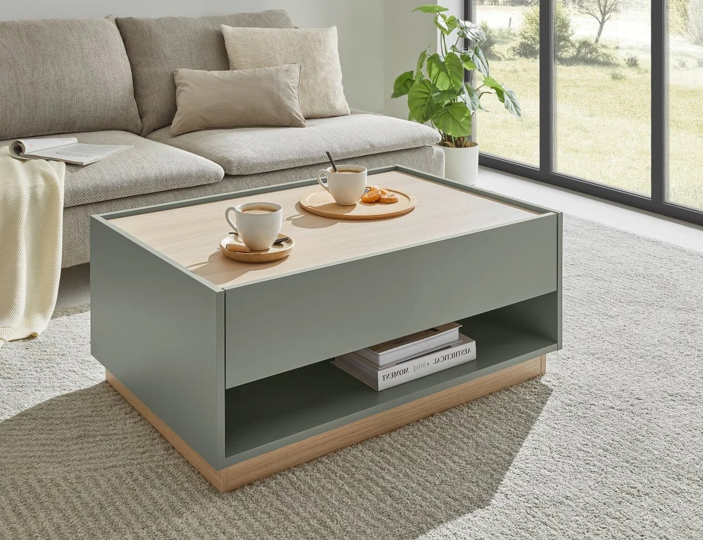 Furn.Design Couchtisch Center Salbei Grün mit Eiche, 90 x 60 cm