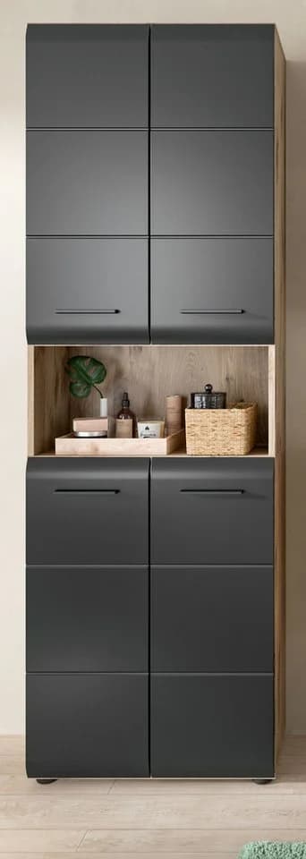 Inn.Furn Hochschrank Cover Badschrank 4-türig Schwarz und Eiche