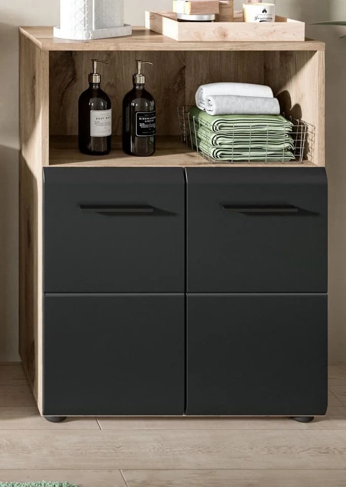 Inn.Furn Badkommode Cover Badschrank Schwarz und Eiche 2-türig 60 x 80 cm