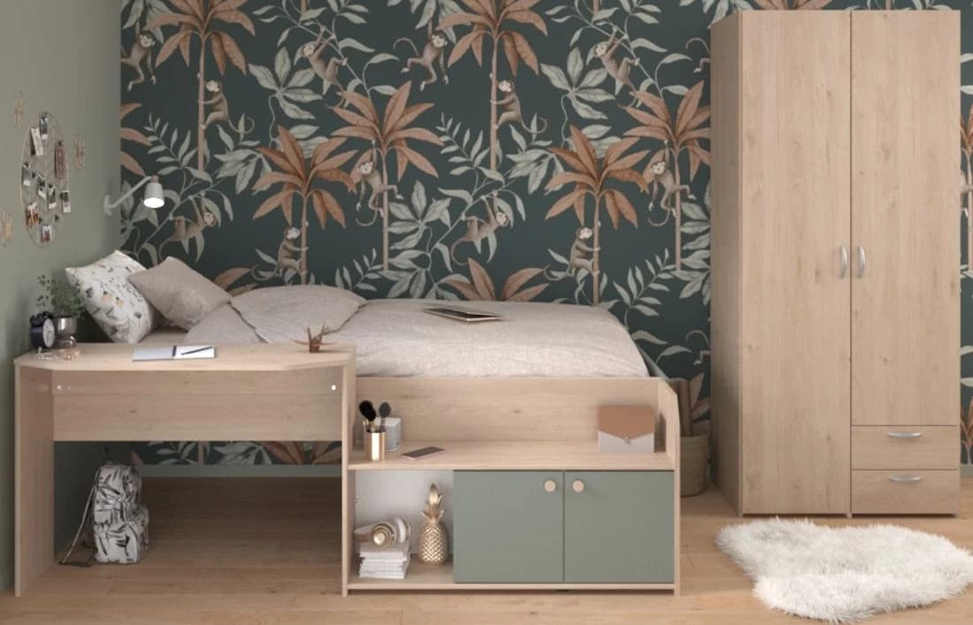 Parisot Jugendzimmer-Set Matre Stauraumbett mit Schreibtisch Eiche/Salbei Grün