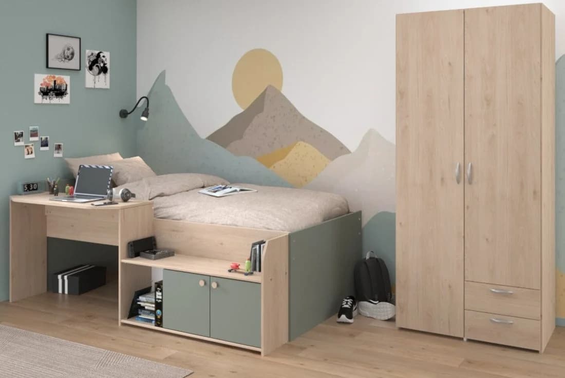 Parisot Jugendzimmer-Set Matre Stauraumbett mit Schreibtisch Eiche/Salbei Grün - Bild 2