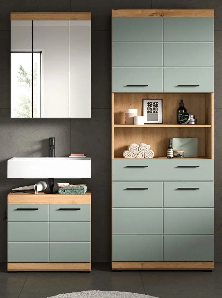 Inn.Furn Badmöbel-Set Shawn 3-teilig Salbeigrün Eiche