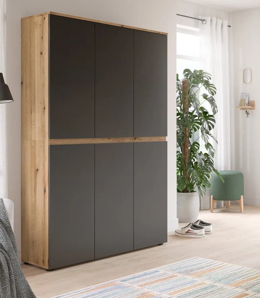 Inn.Furn Mehrzweckschrank Assino Grau Eiche 6-türig mit Kleiderstange