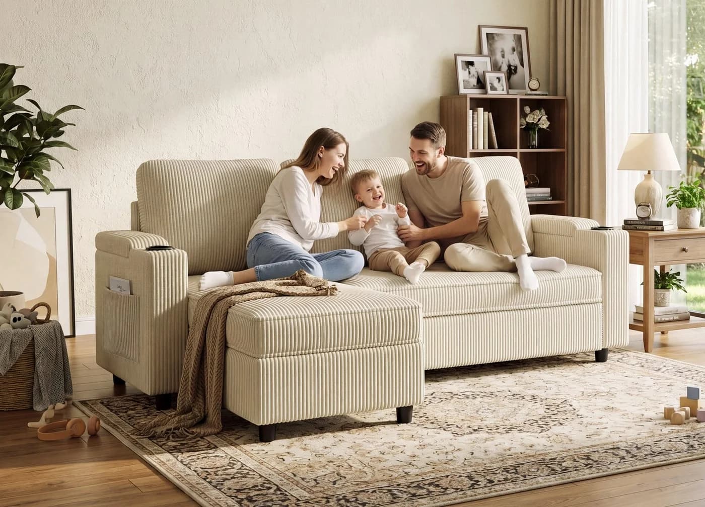 HOMALL Ecksofa L-Form Schlafsofa Cord Beige mit Stauraum - Bild 3