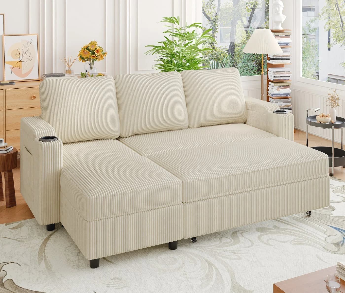 HOMALL Ecksofa L-Form Schlafsofa Cord Beige mit Stauraum - Bild 4