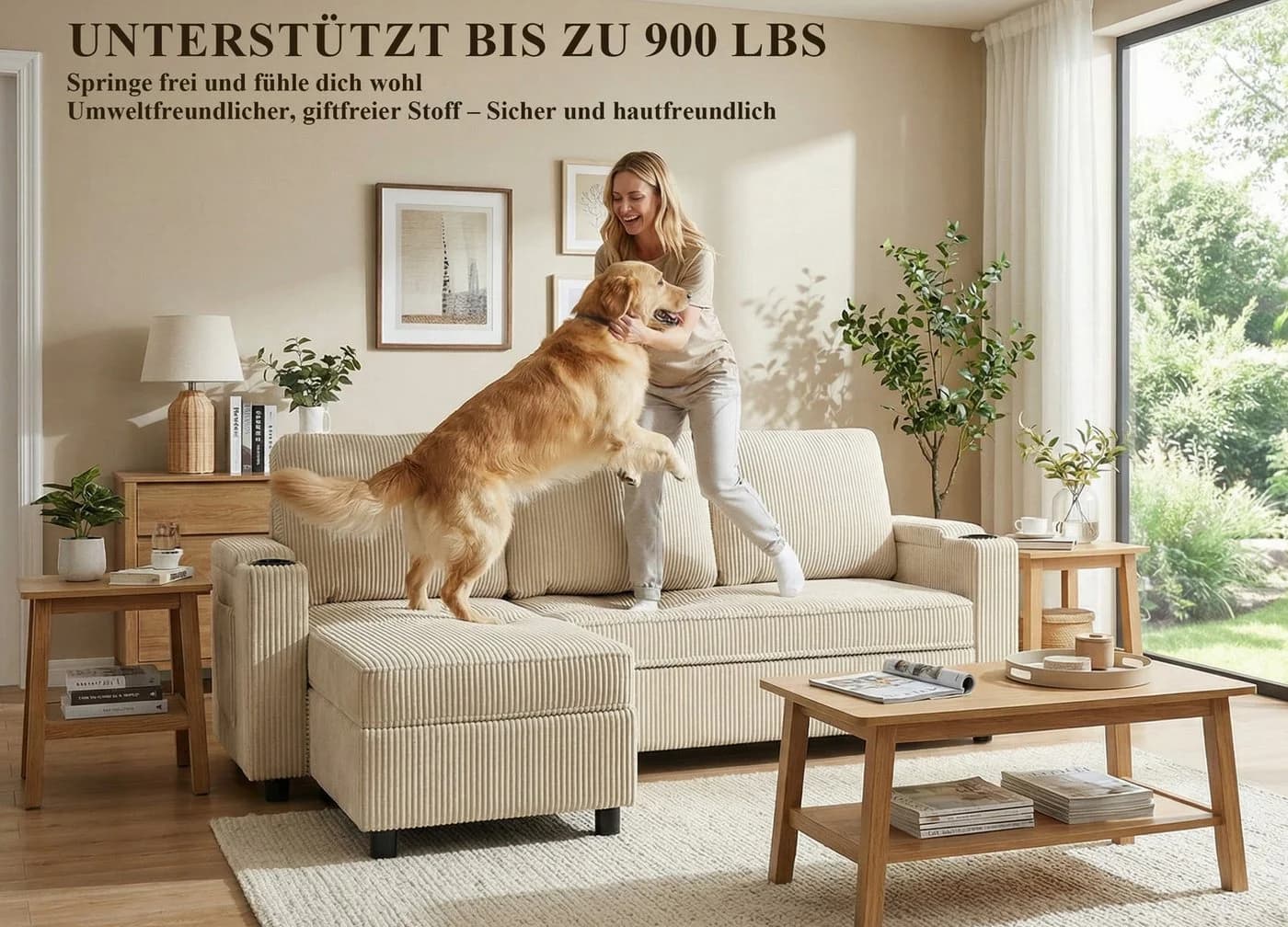GUNJI Ecksofa Multifunktionales L-Form Schlafsofa aus Cord Beige - Bild 5
