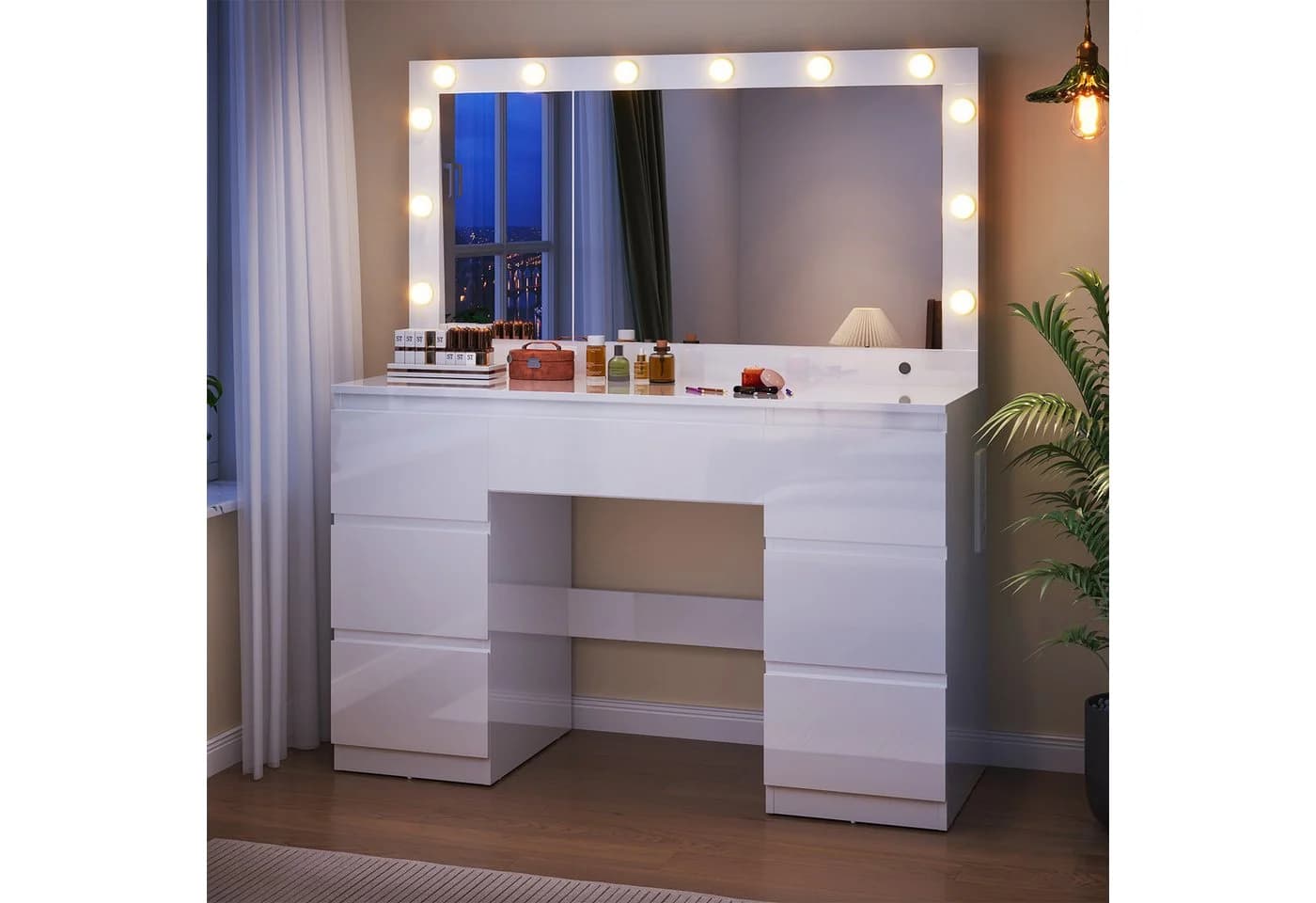 HOMALL Schminktisch mit LED-Spiegel, 7 Schubladen, Steckdosen & Hocker Weiß - Bild 3