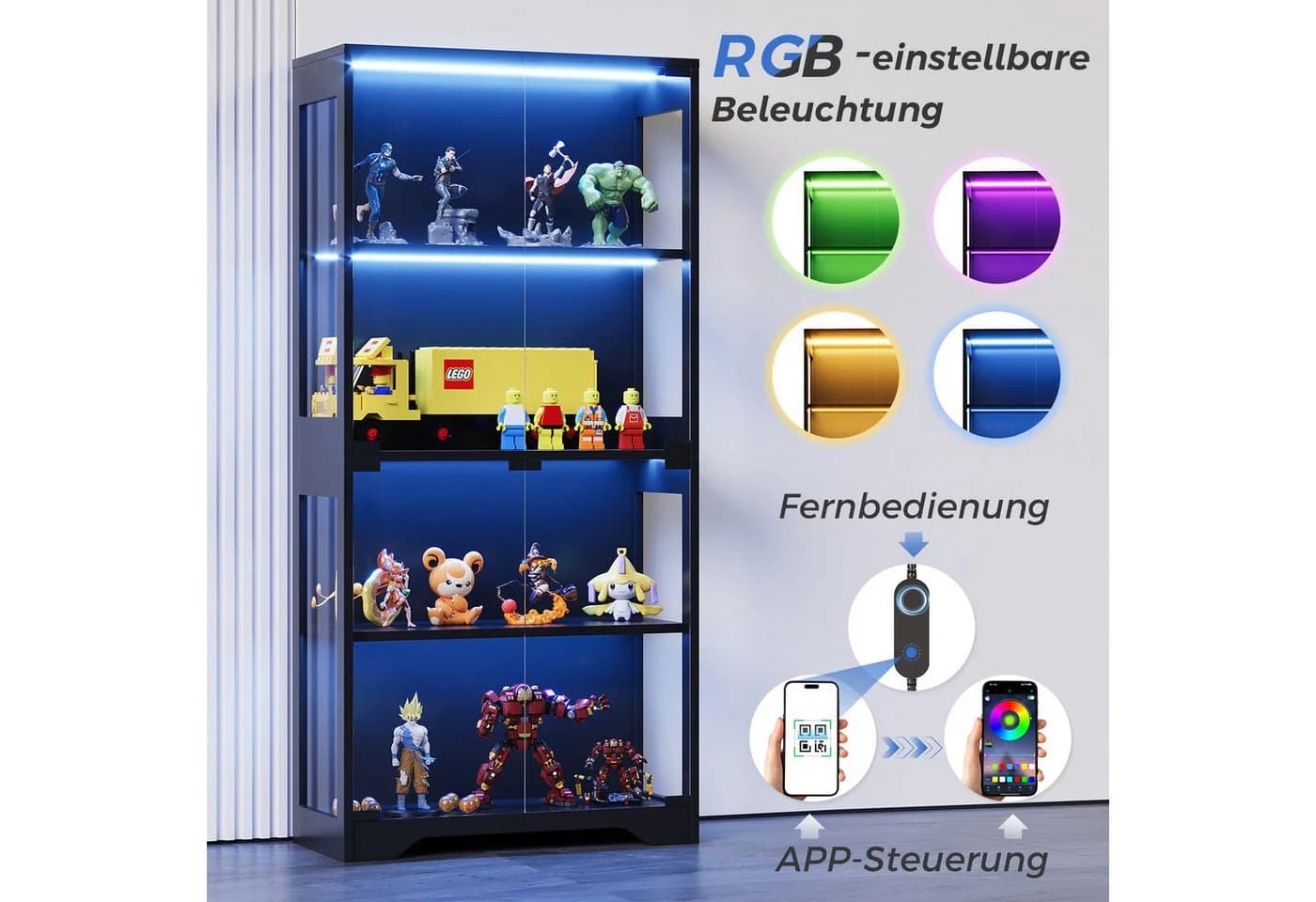 GUNJI Glasvitrine mit RGB-LED-Beleuchtung Schwarz - Bild 4